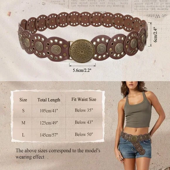Women Vintage Disc Waist Concho Leather Belt Boho Waist Belt Brown Bronze Buckle - Picture 5 of 7